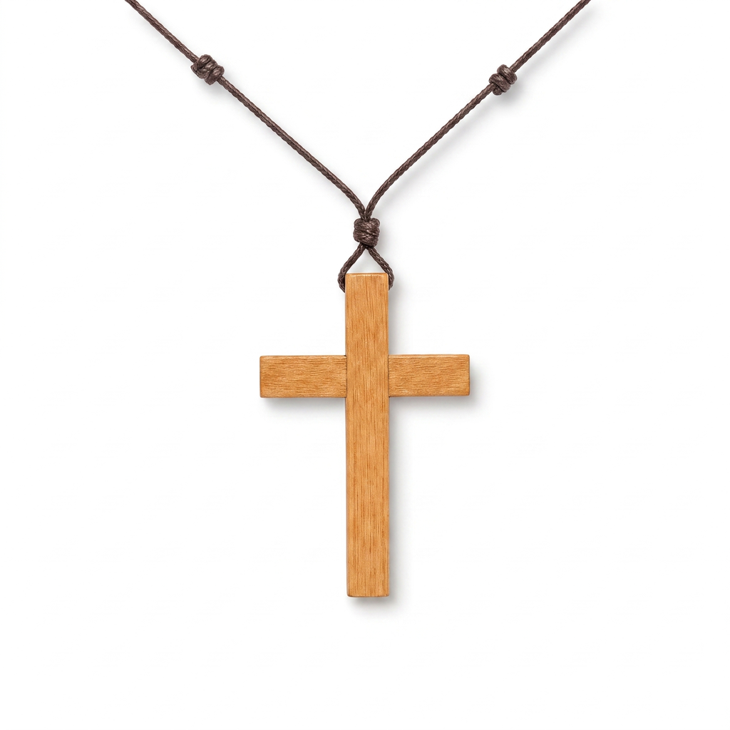 Collar de Cruz de madera natural con cordón ajustable – vista completa sobre fondo blanco