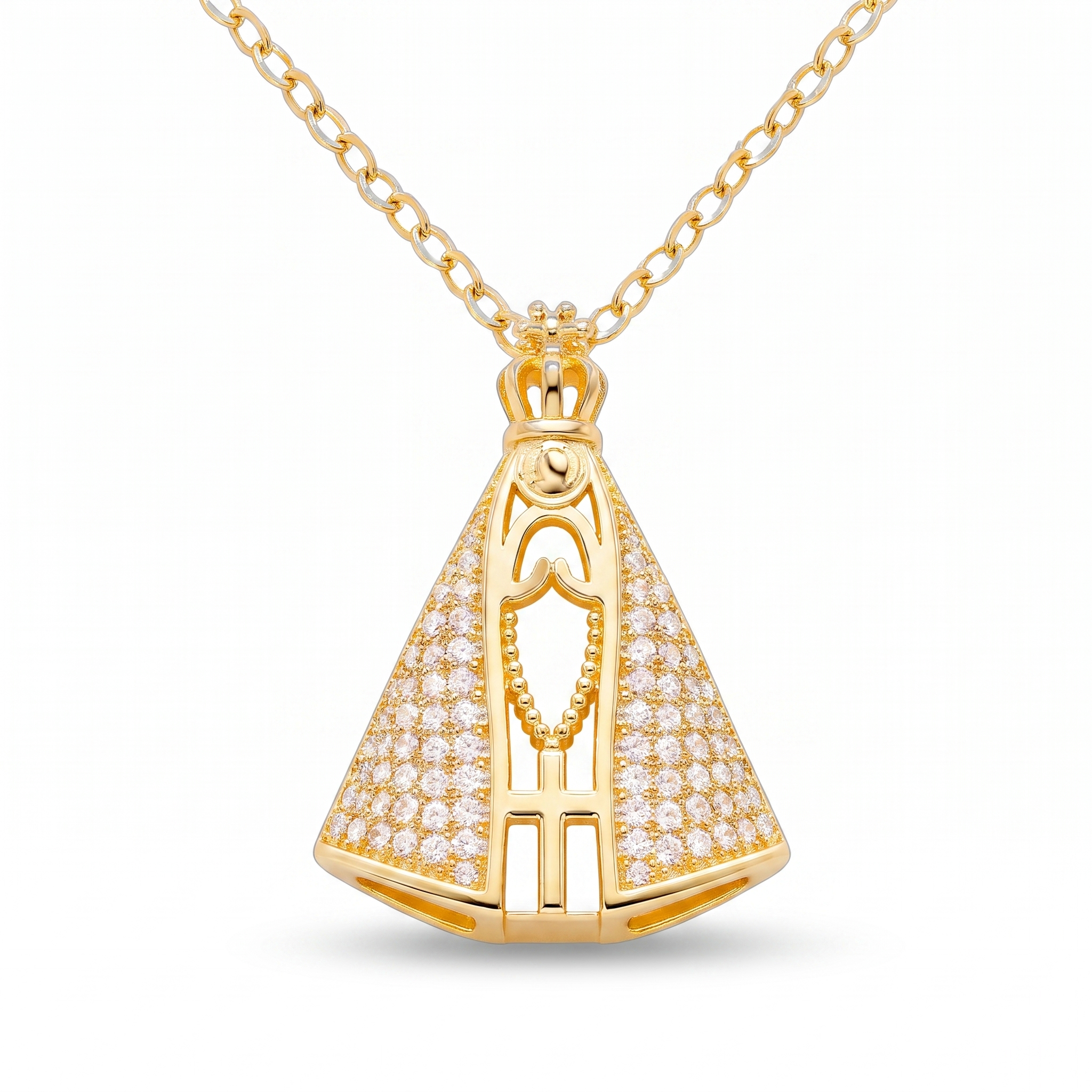 Collar de la Virgen María con pavé de circonias en dorado – vista completa sobre fondo blanco