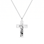Collar de Cruz de acero inoxidable con corona de espinas y silueta de Jesús – vista completa sobre fondo blanco