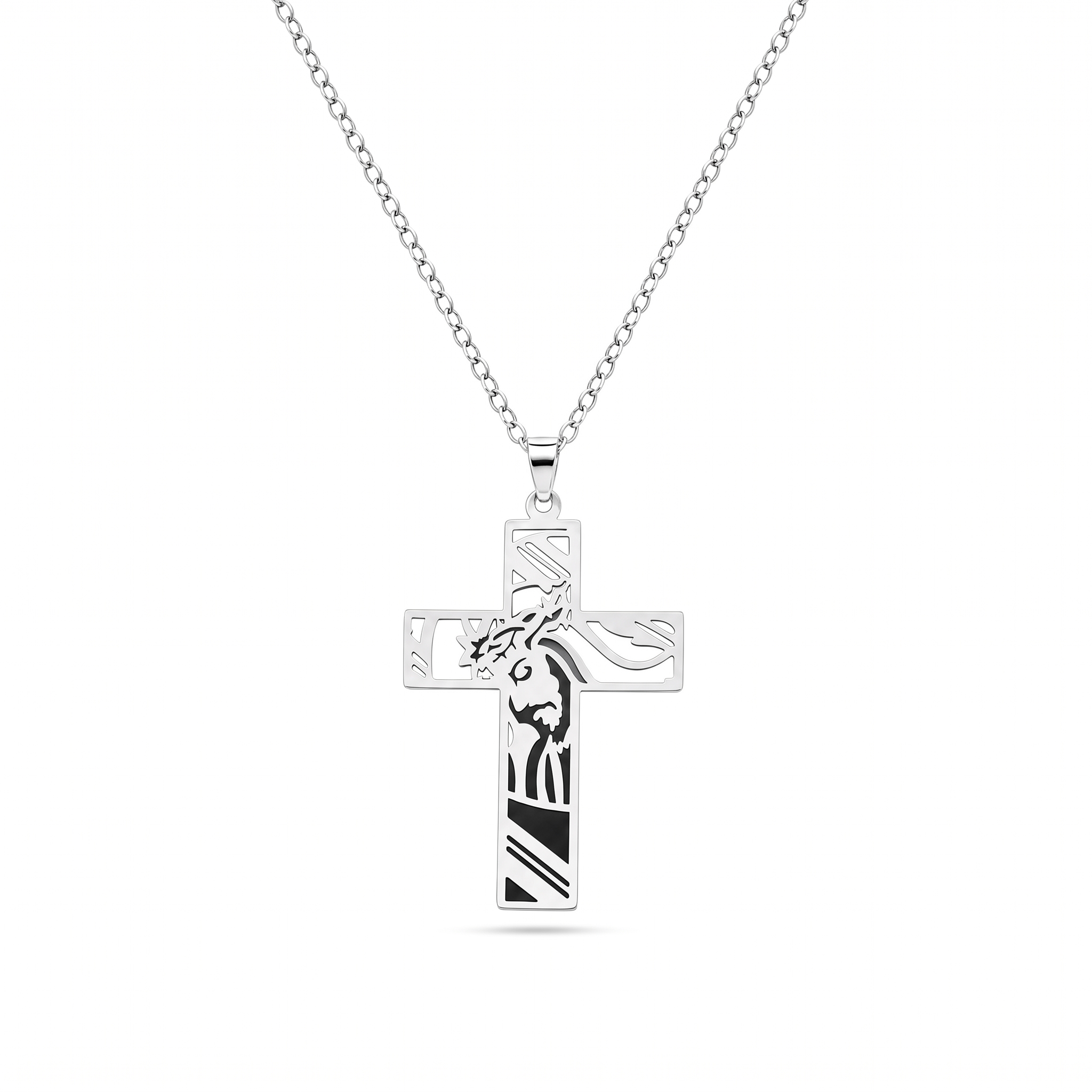 Collar de Cruz de acero inoxidable con corona de espinas y silueta de Jesús – vista completa sobre fondo blanco