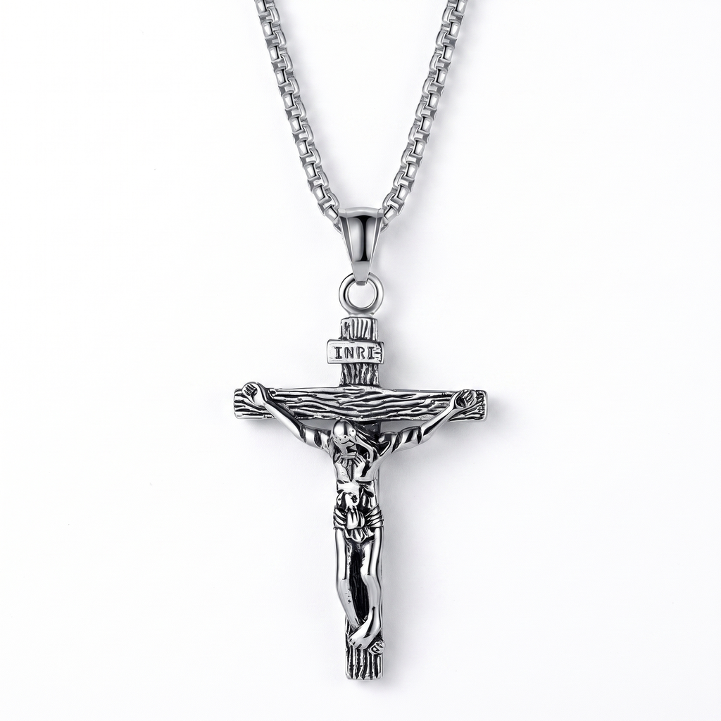 Colgante Crucifijo de Jesús con INRI en acero inoxidable 316L – vista completa sobre fondo blanco