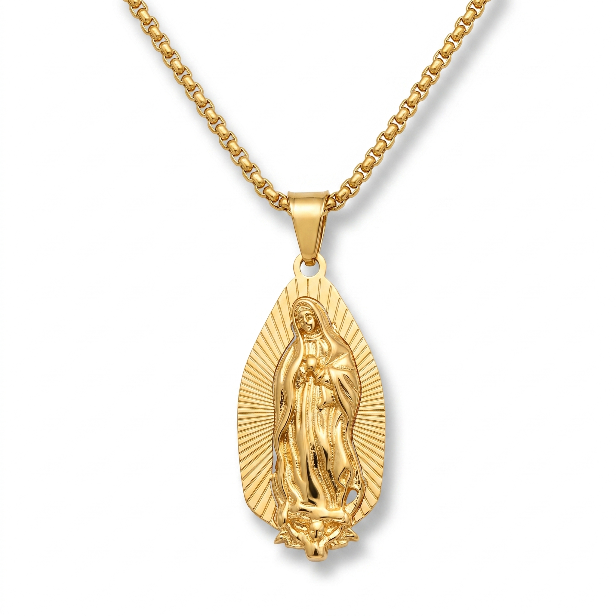 Collar Virgen de Guadalupe en forma de gota, relieve dorado con borde de rayos – vista completa sobre fondo blanco