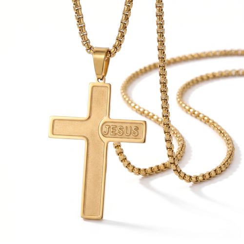 Amuleto de Cruz de acero inoxidable con la palabra JESÚS grabada – vista completa sobre fondo blanco