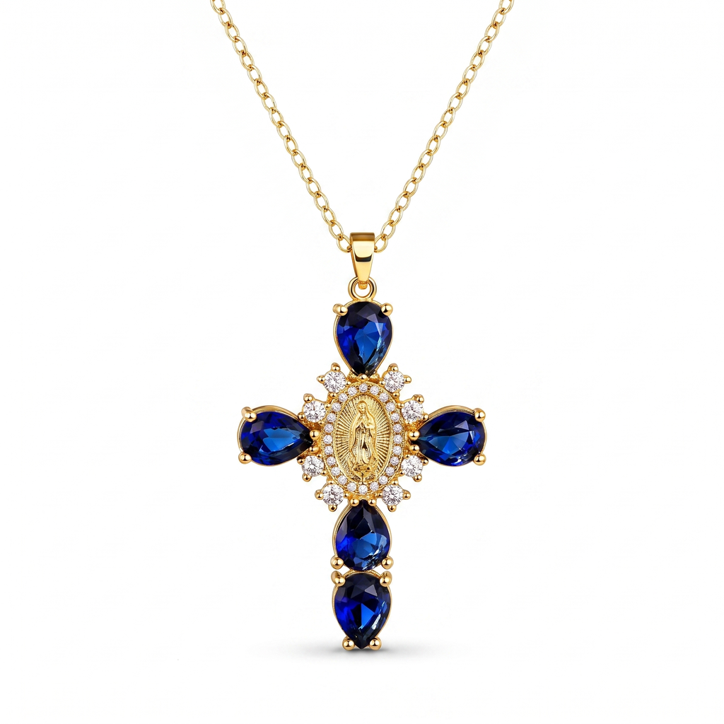 Collar Cruz de la Virgen de Guadalupe con circonias, cruz de cristales gota con medalla mariana – vista completa sobre fondo blanco