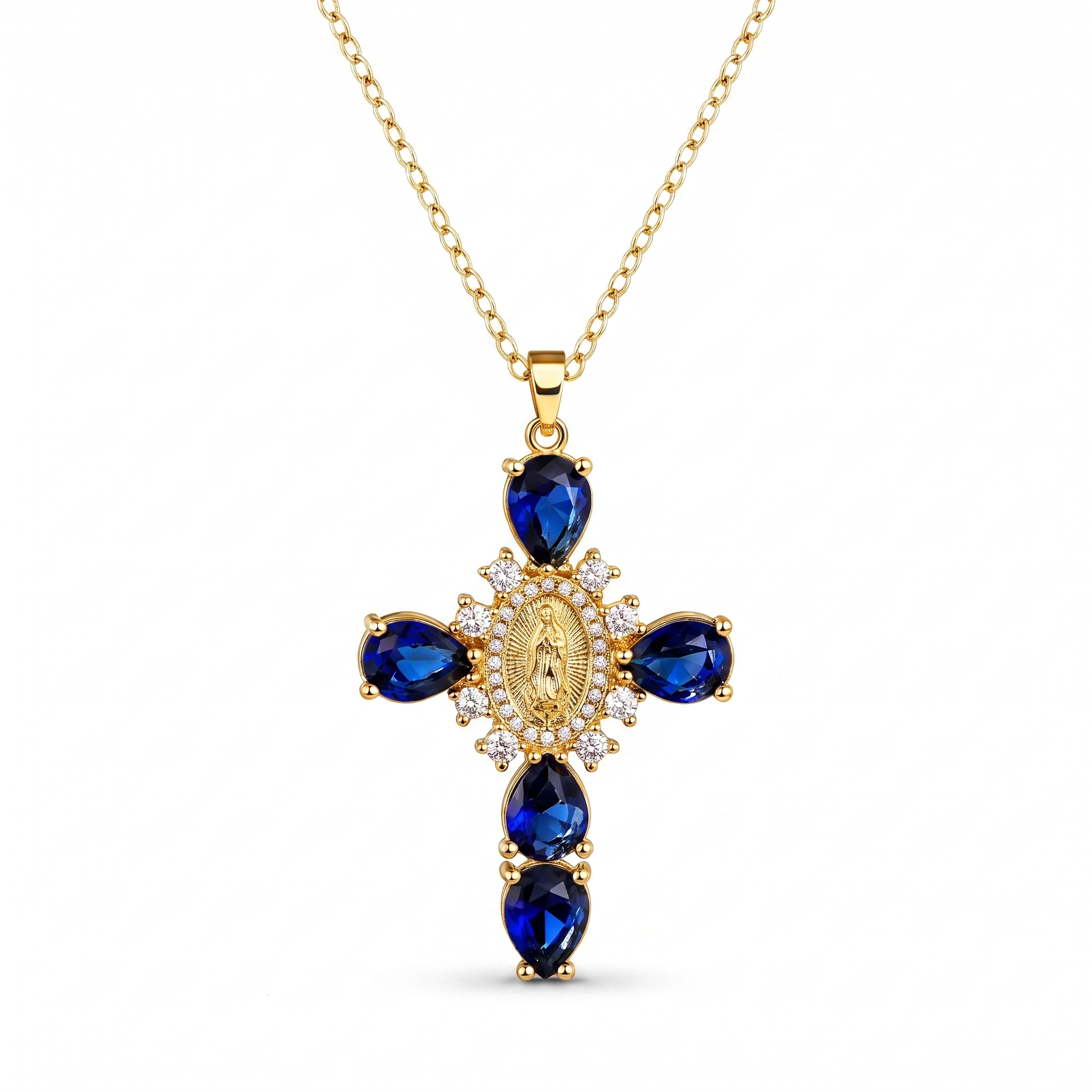 Collar Cruz de la Virgen de Guadalupe con circonias, cruz de cristales gota con medalla mariana – vista completa sobre fondo blanco