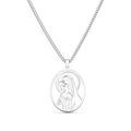 Collar con colgante oval calado de la Virgen María en acero inoxidable – vista completa sobre fondo blanco
