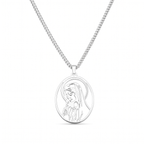 Collar con colgante oval calado de la Virgen María en acero inoxidable – vista completa sobre fondo blanco