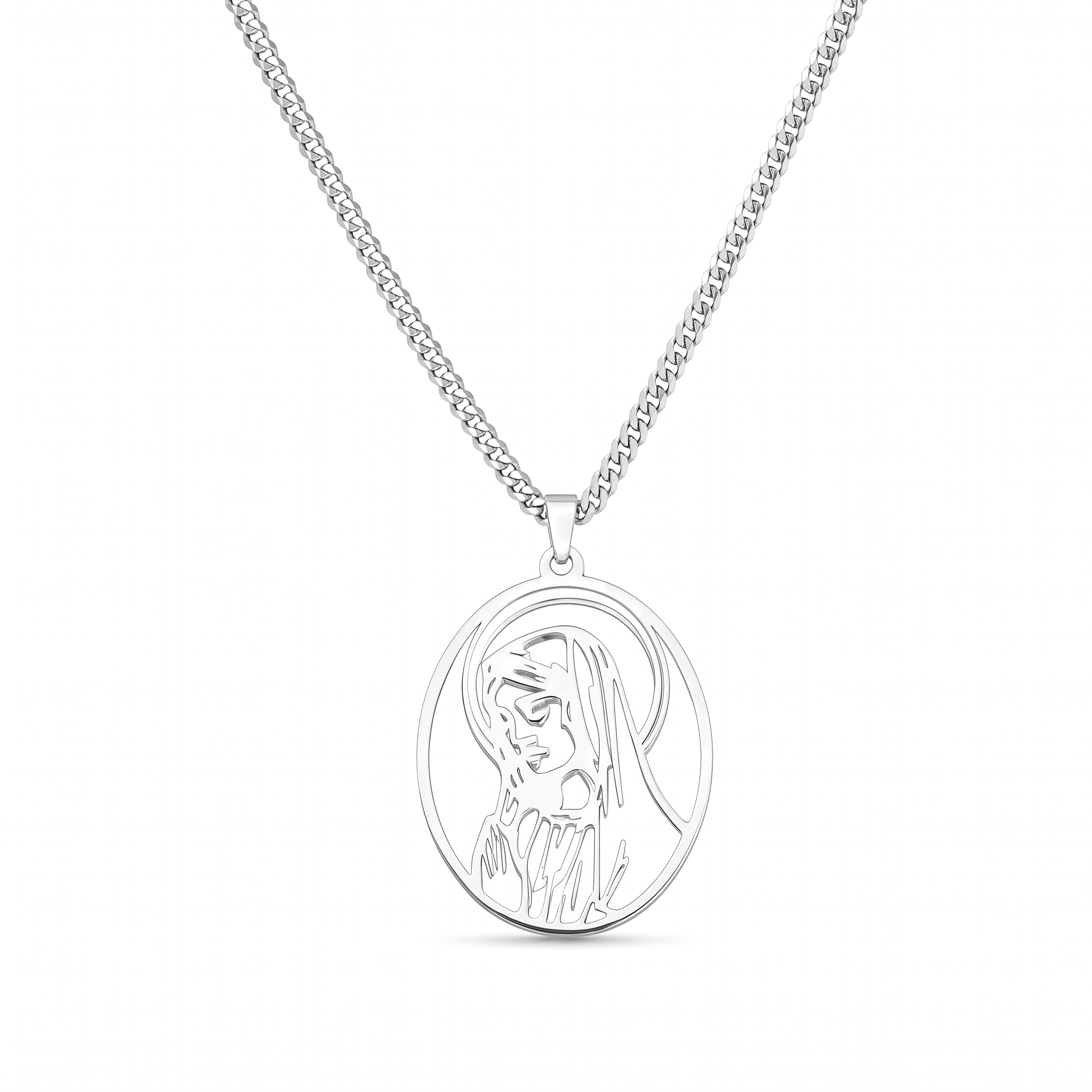 Collar con colgante oval calado de la Virgen María en acero inoxidable – vista completa sobre fondo blanco