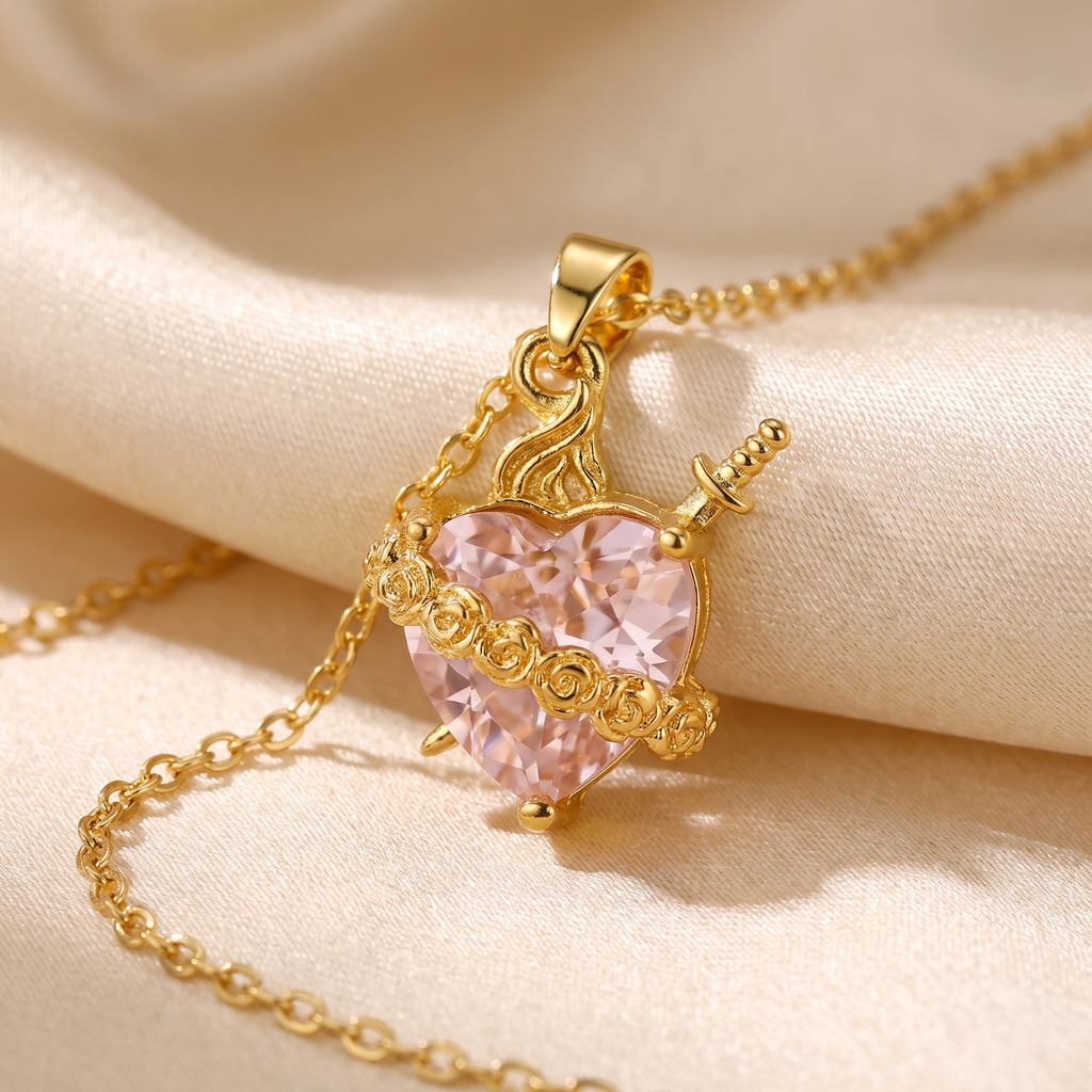 Collar del Inmaculado Corazón de María con cristal rosa en forma de corazón, espada dorada y rosas – detalle macro del colgante sobre satén