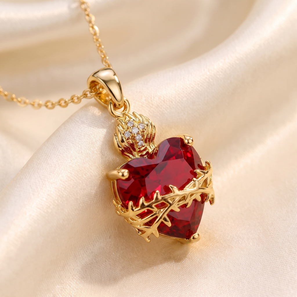 Collar Sagrado Corazón de Jesús con circonia roja, corazón de cristal rojo con corona de espinas, llama y cruz – detalle macro sobre satén