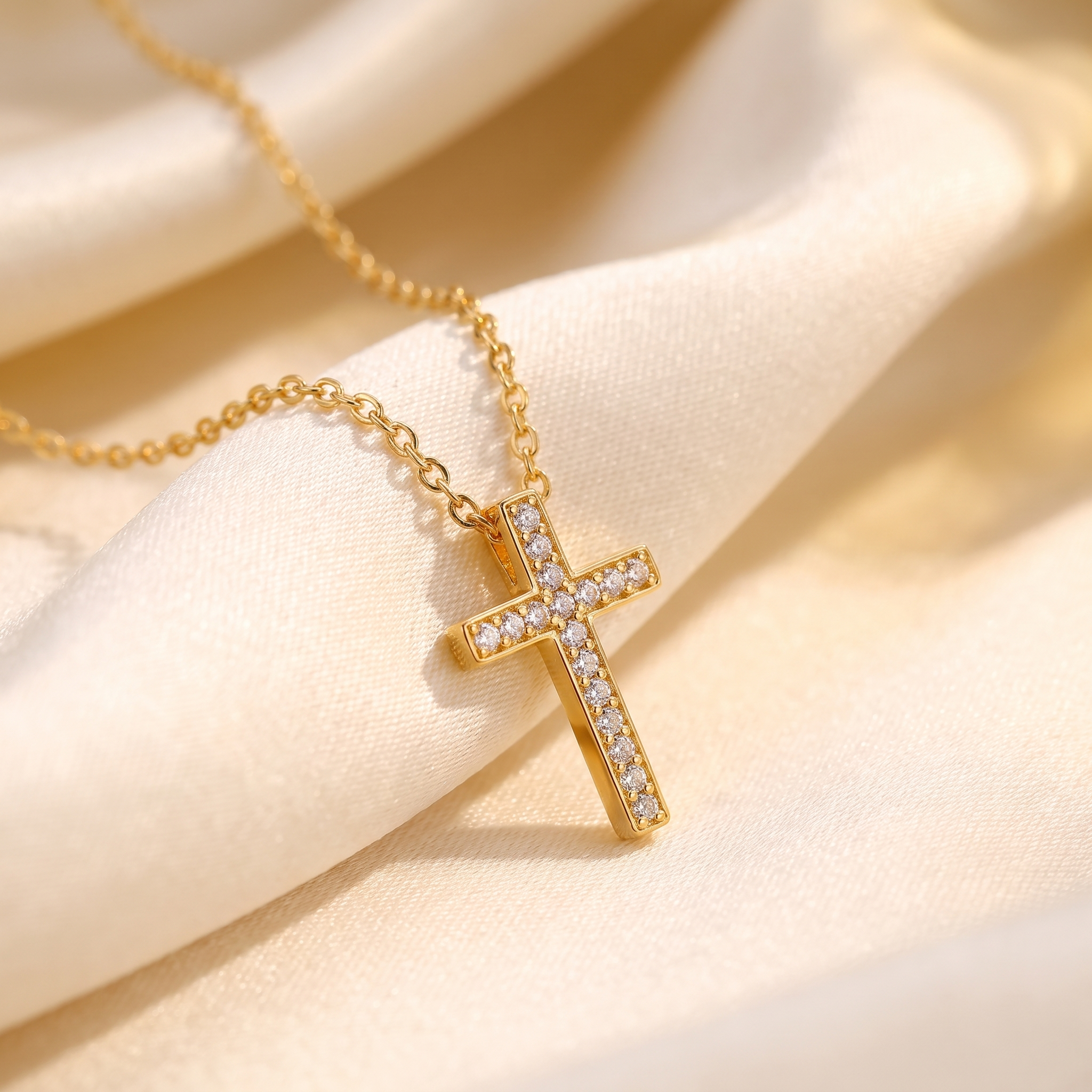 Collar de Cruz con circonias en oro 18K, cadena fina – detalle macro sobre satén
