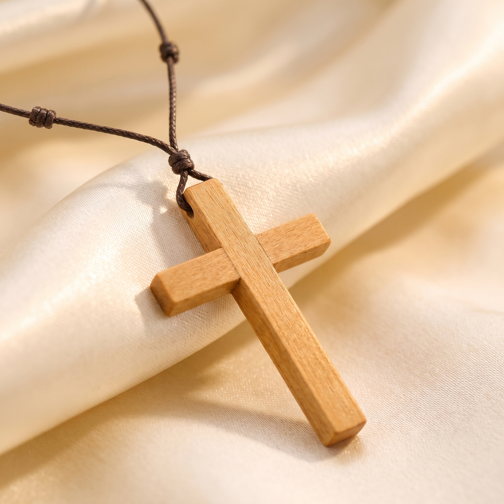 Collar de Cruz de madera natural con cordón ajustable – detalle macro sobre satén