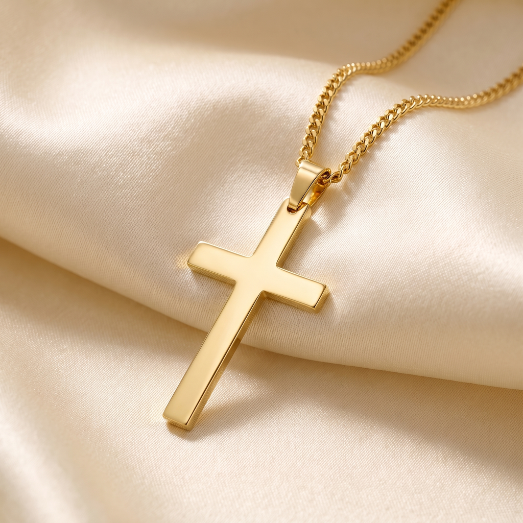 Collar de Cruz lisa de Fe y Protección en cadena cubana – detalle macro sobre satén