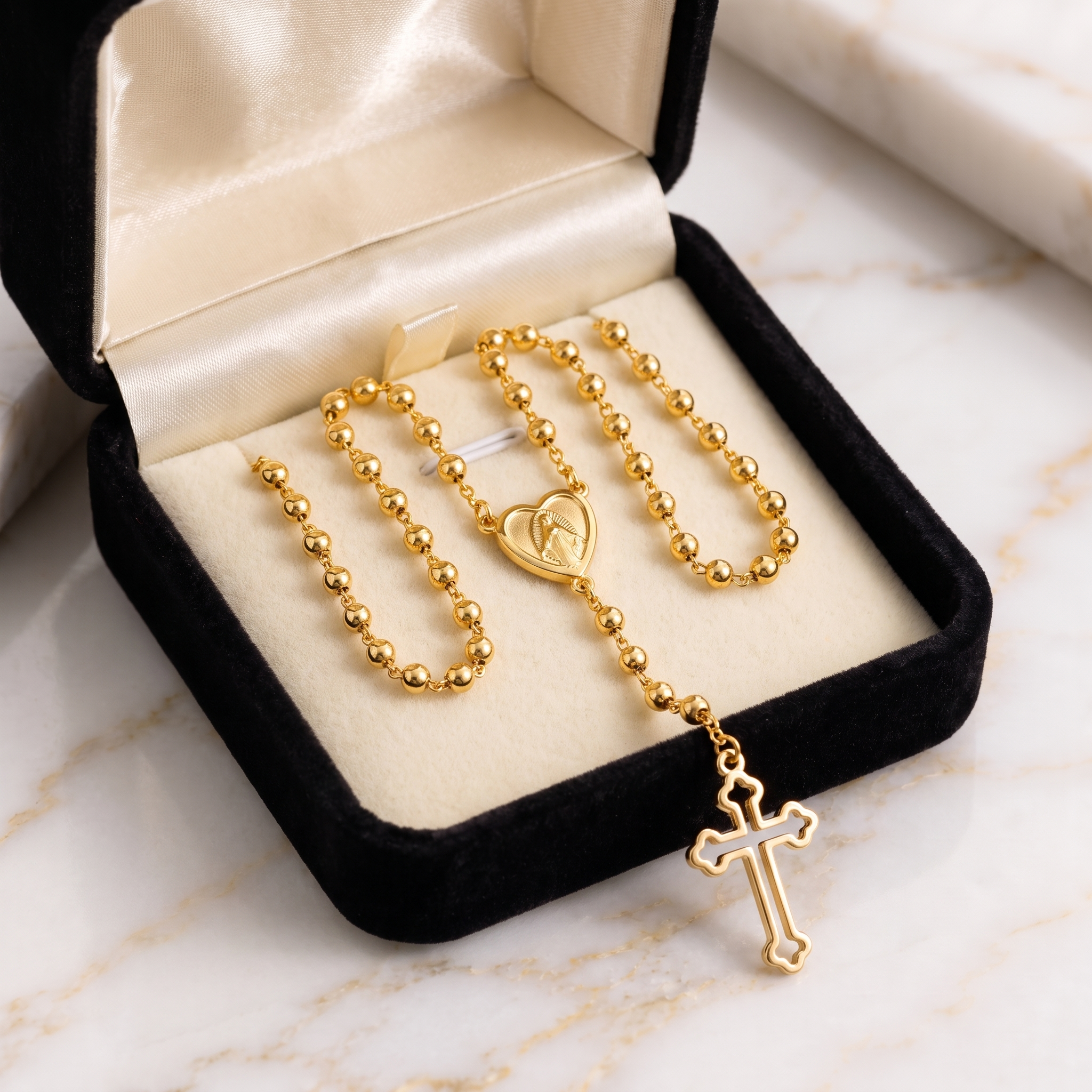 Collar Rosario Bohemio en Y con corazón de la Virgen y cruz cristiana calada – en caja de terciopelo