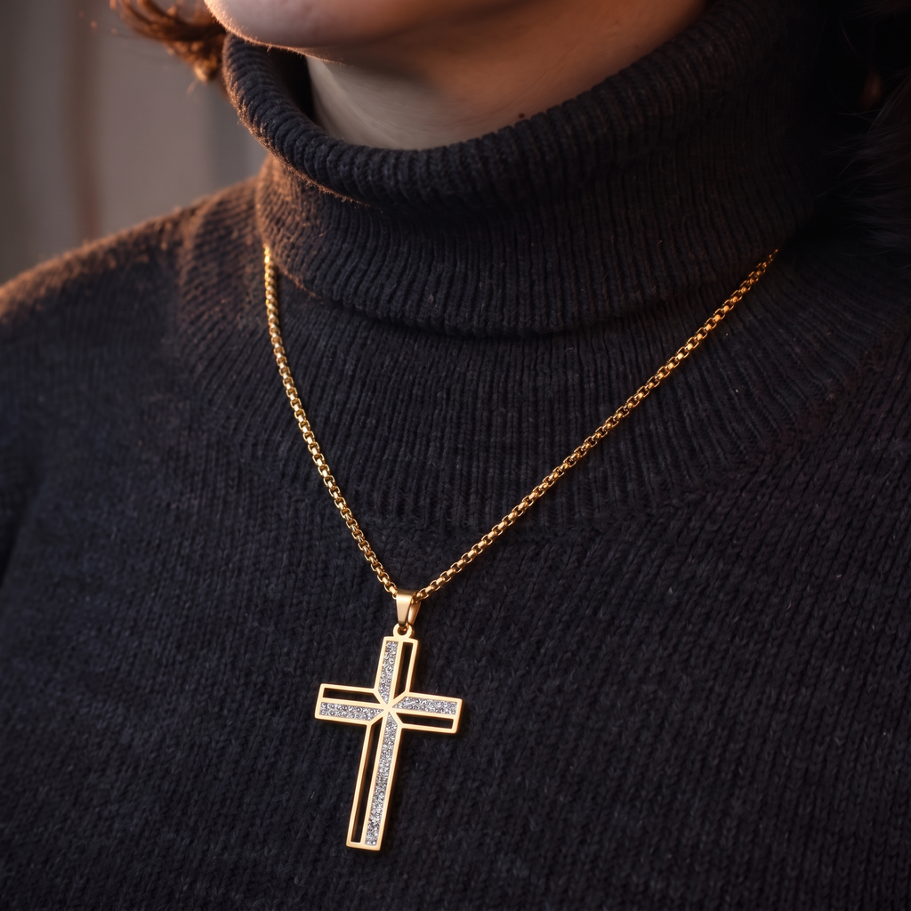 Collar de Cruz de Acero Inoxidable, cruz calada dorada con circonias – sobre suéter oscuro