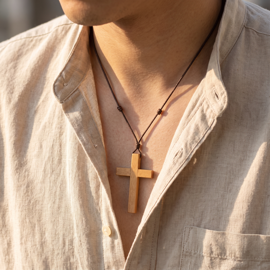 Collar de Cruz de madera natural con cordón ajustable – puesto sobre ropa oscura