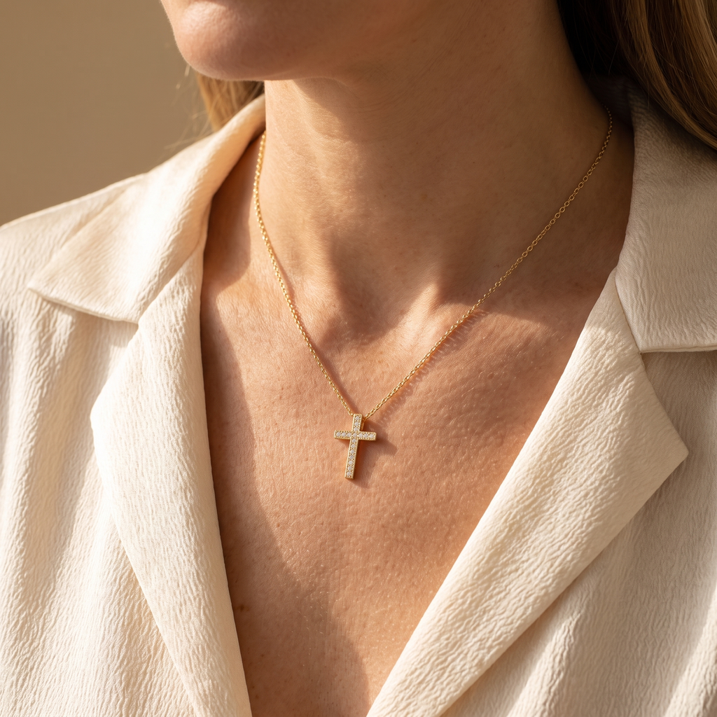 Collar de Cruz con circonias en oro 18K, cadena fina – puesto en el cuello