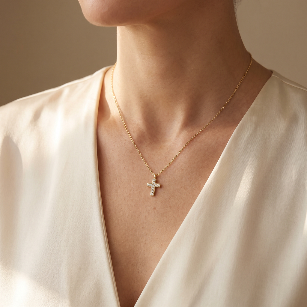Collar Cruz Delicada con circonias, minimalista, cadena fina – puesto en el cuello