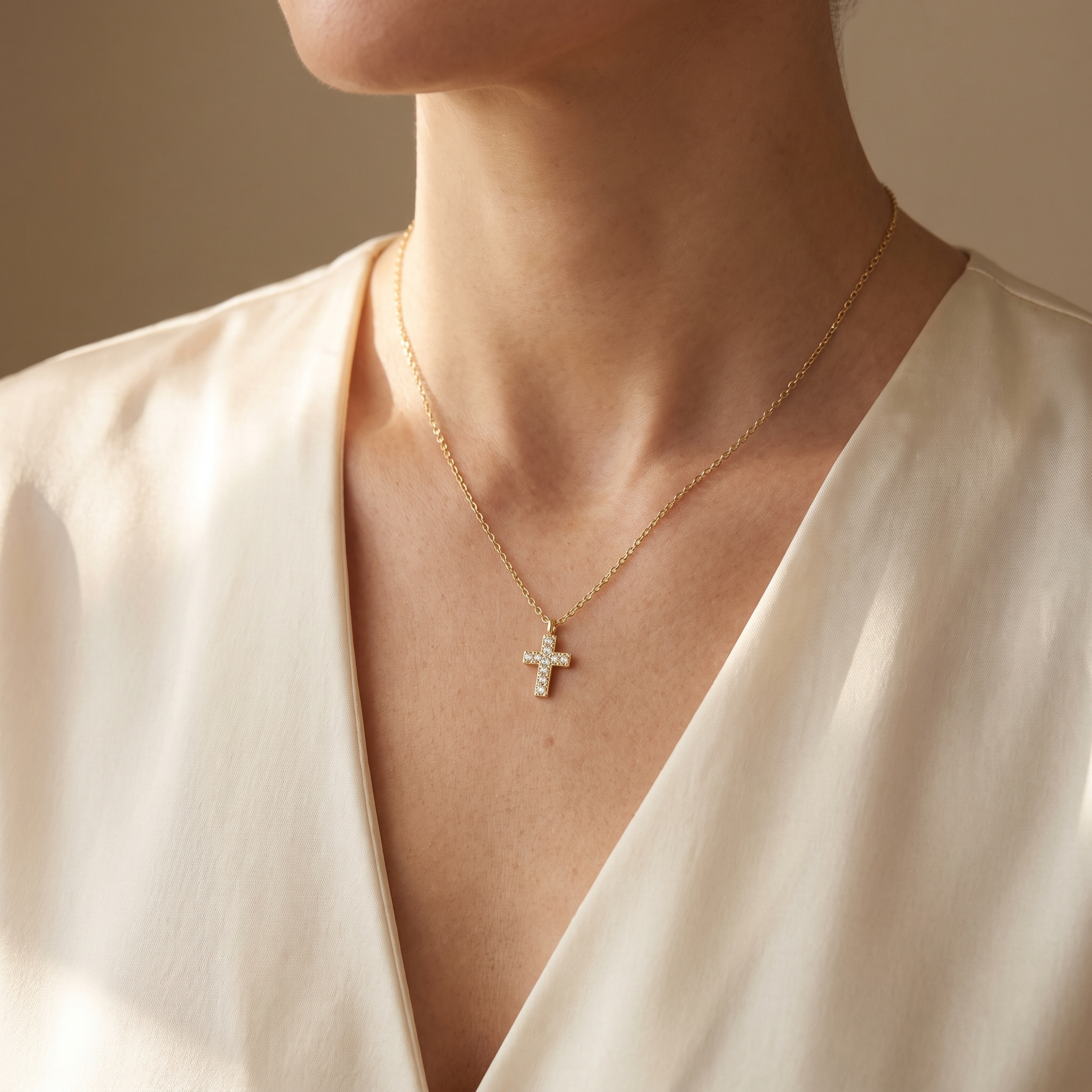 Collar Cruz Delicada con circonias, minimalista, cadena fina – puesto en el cuello