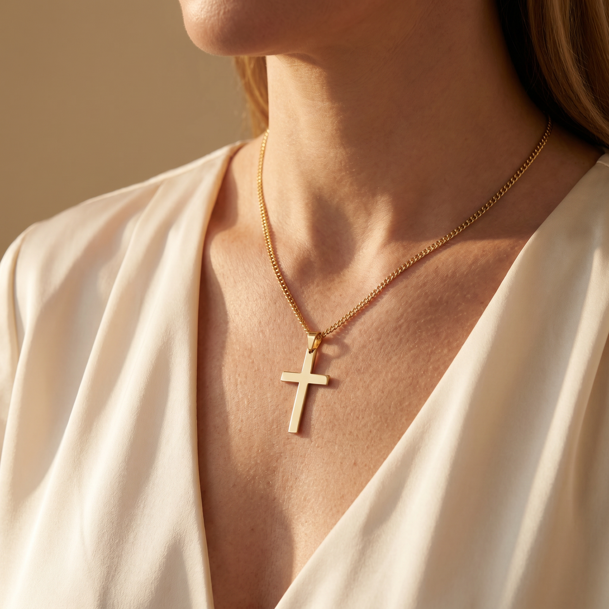 Collar de Cruz lisa de Fe y Protección en cadena cubana – puesto en el cuello