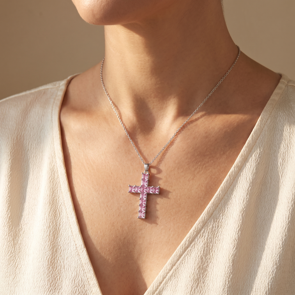 Collar Cruz de Cristal Multicolor con cristales talla princesa – puesto en el cuello