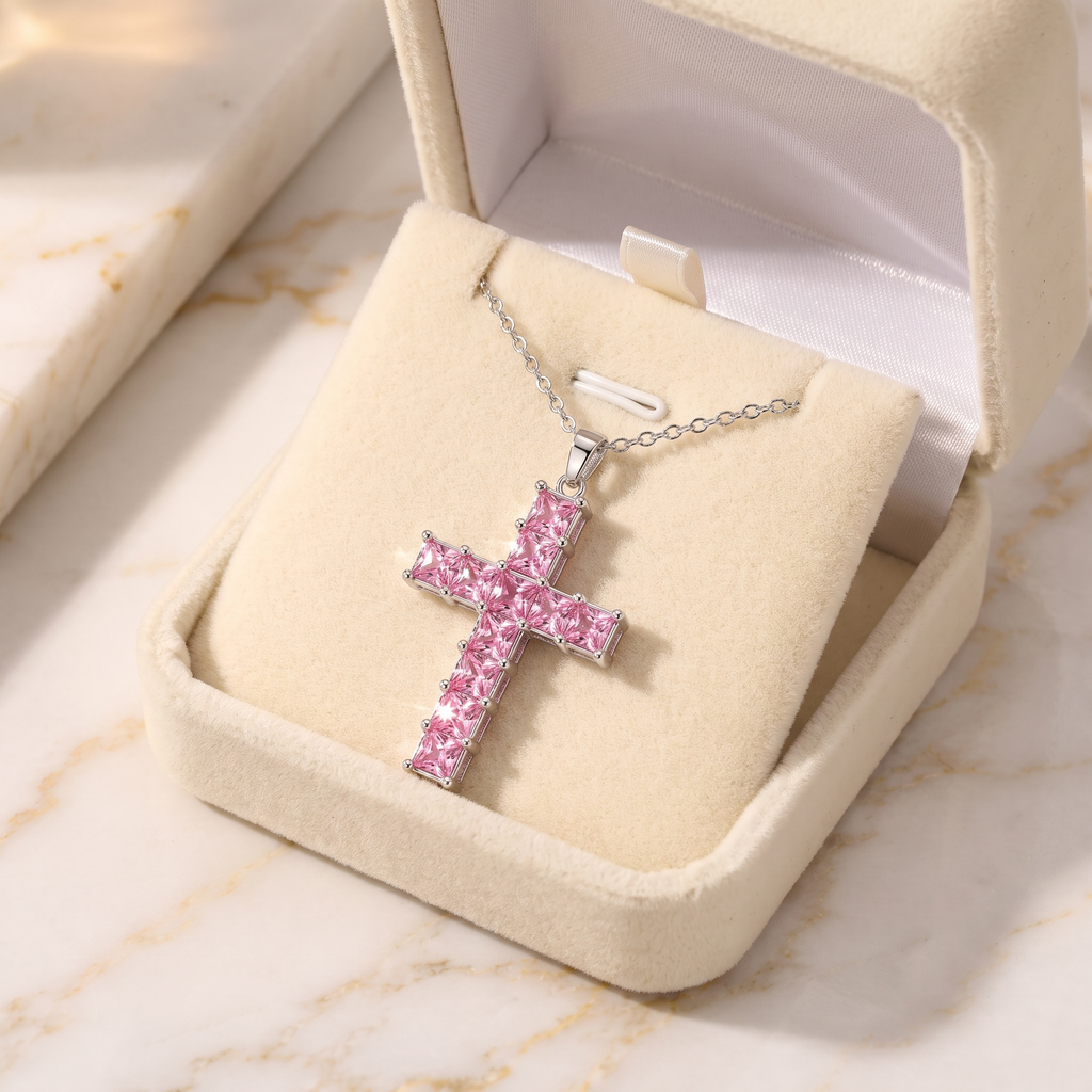 Collar Cruz de Cristal Multicolor con cristales talla princesa – en caja de terciopelo