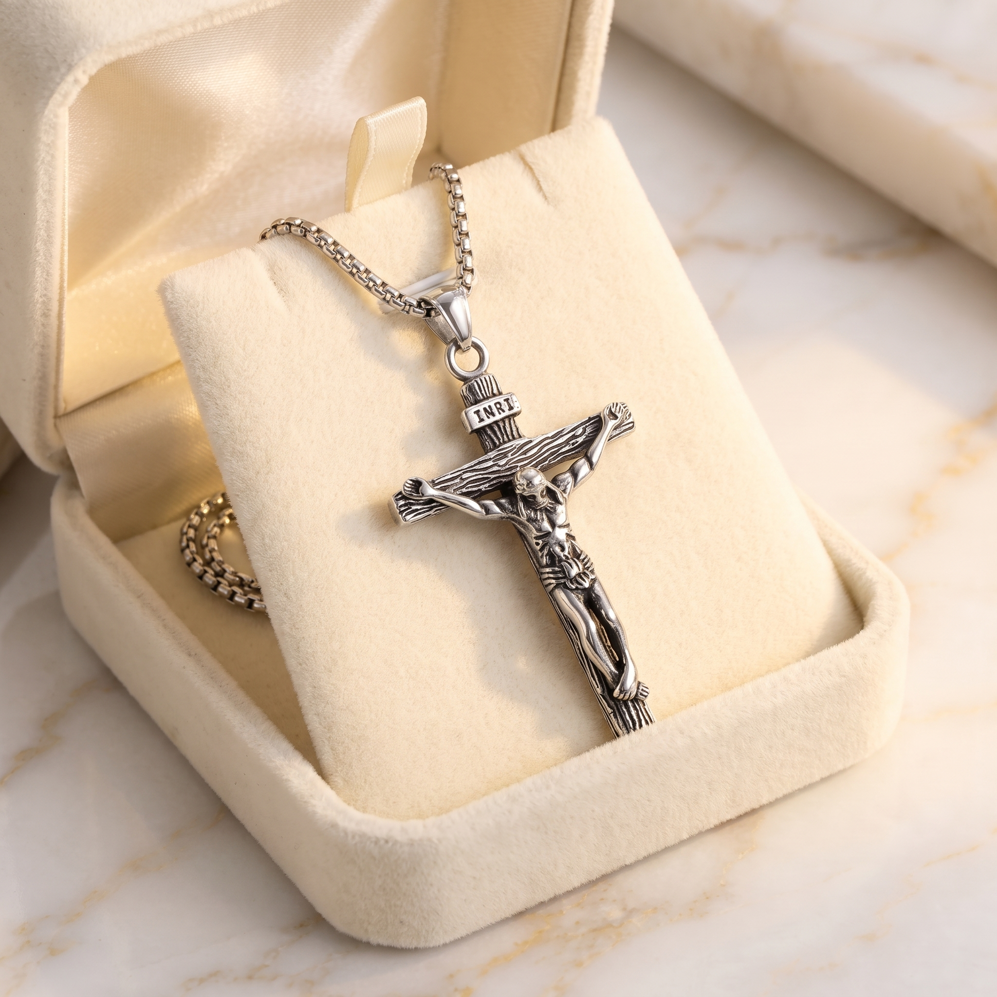 Colgante Crucifijo de Jesús con INRI en acero inoxidable 316L – en caja de terciopelo