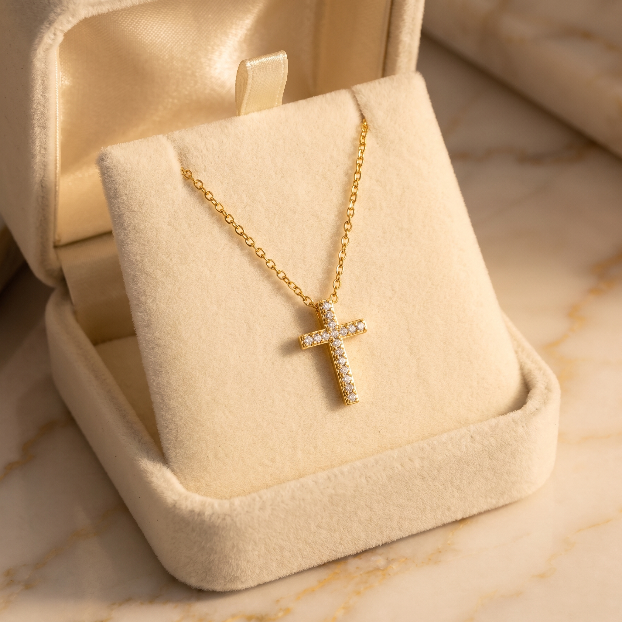 Collar de Cruz con circonias en oro 18K, cadena fina – en caja de terciopelo