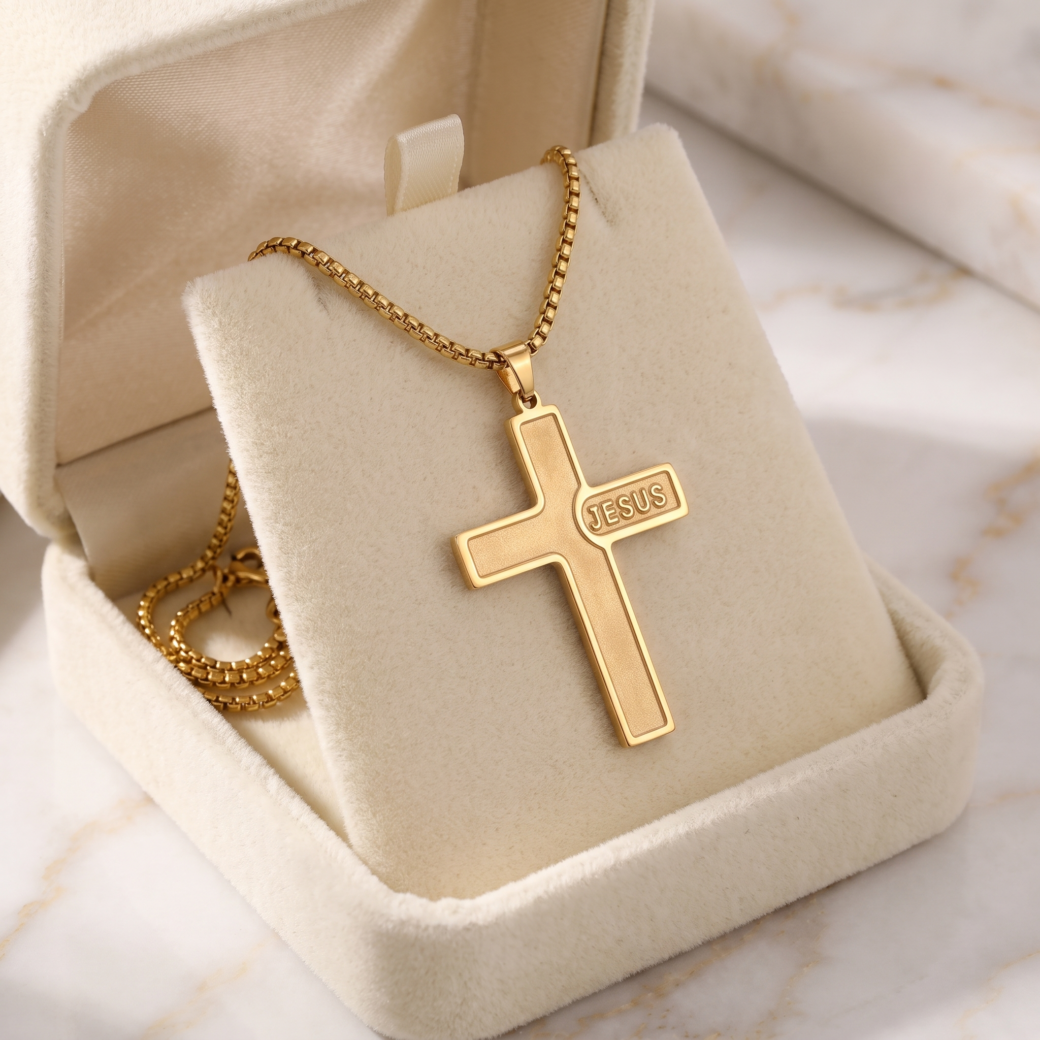 Amuleto de Cruz de acero inoxidable con la palabra JESÚS grabada – en caja de terciopelo