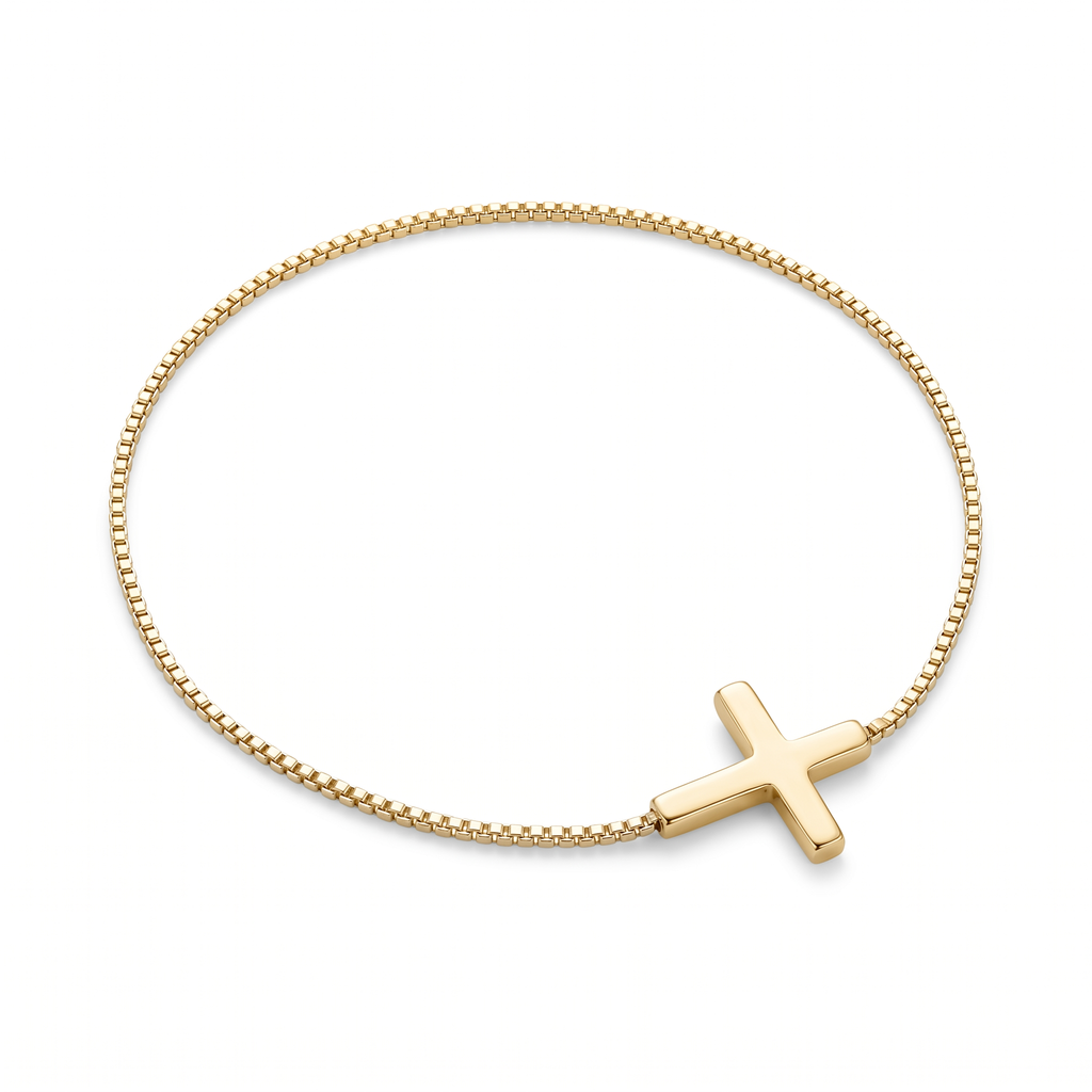 Collar de Mini Cruz en acero inoxidable montada en cadena box – variante en dorado