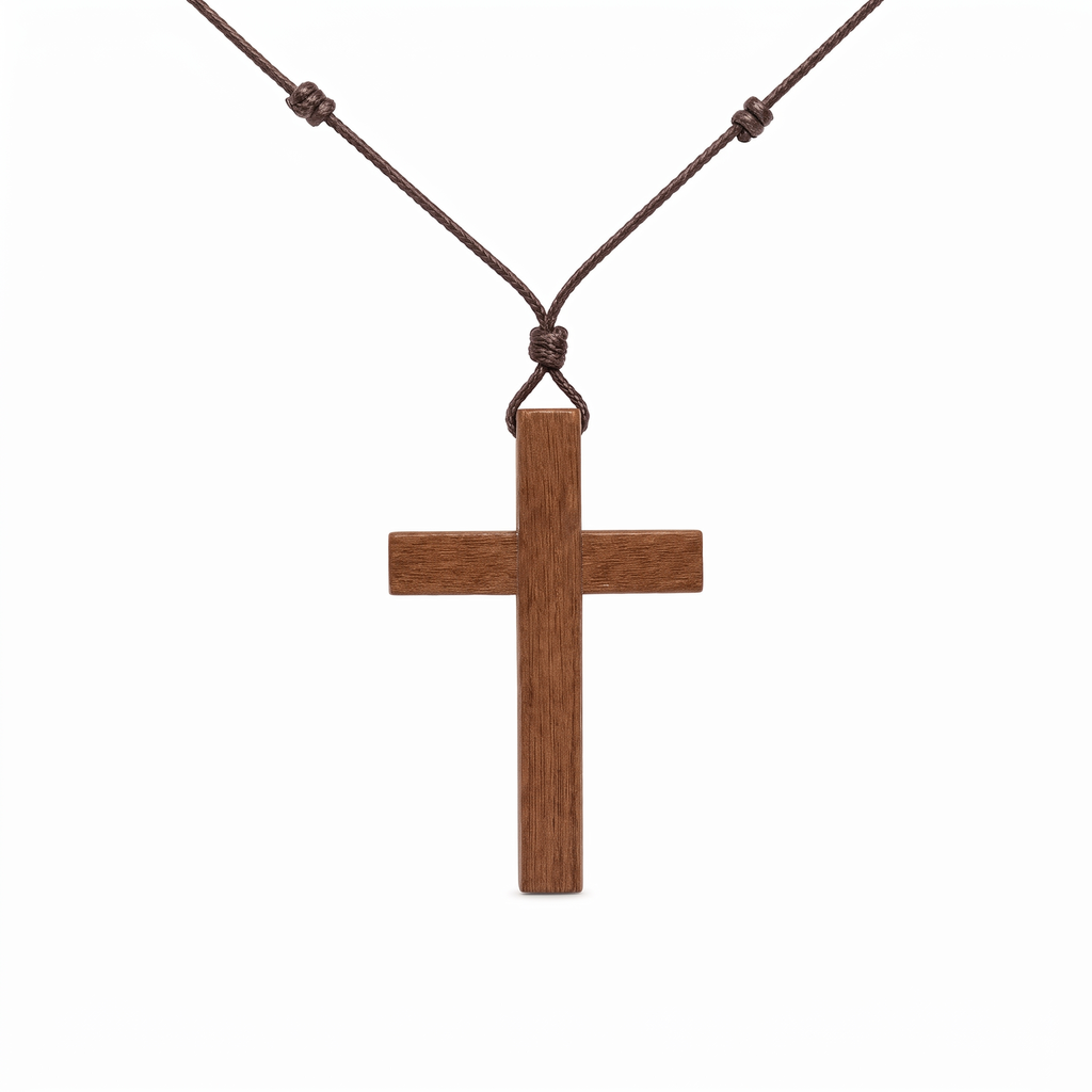 Collar de Cruz de madera natural con cordón ajustable – variante en madera oscura