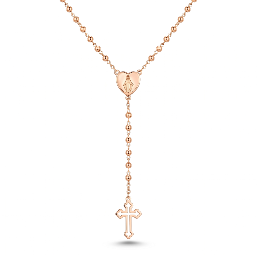 Collar Rosario Bohemio en Y con corazón de la Virgen y cruz cristiana calada – variante en oro rosa