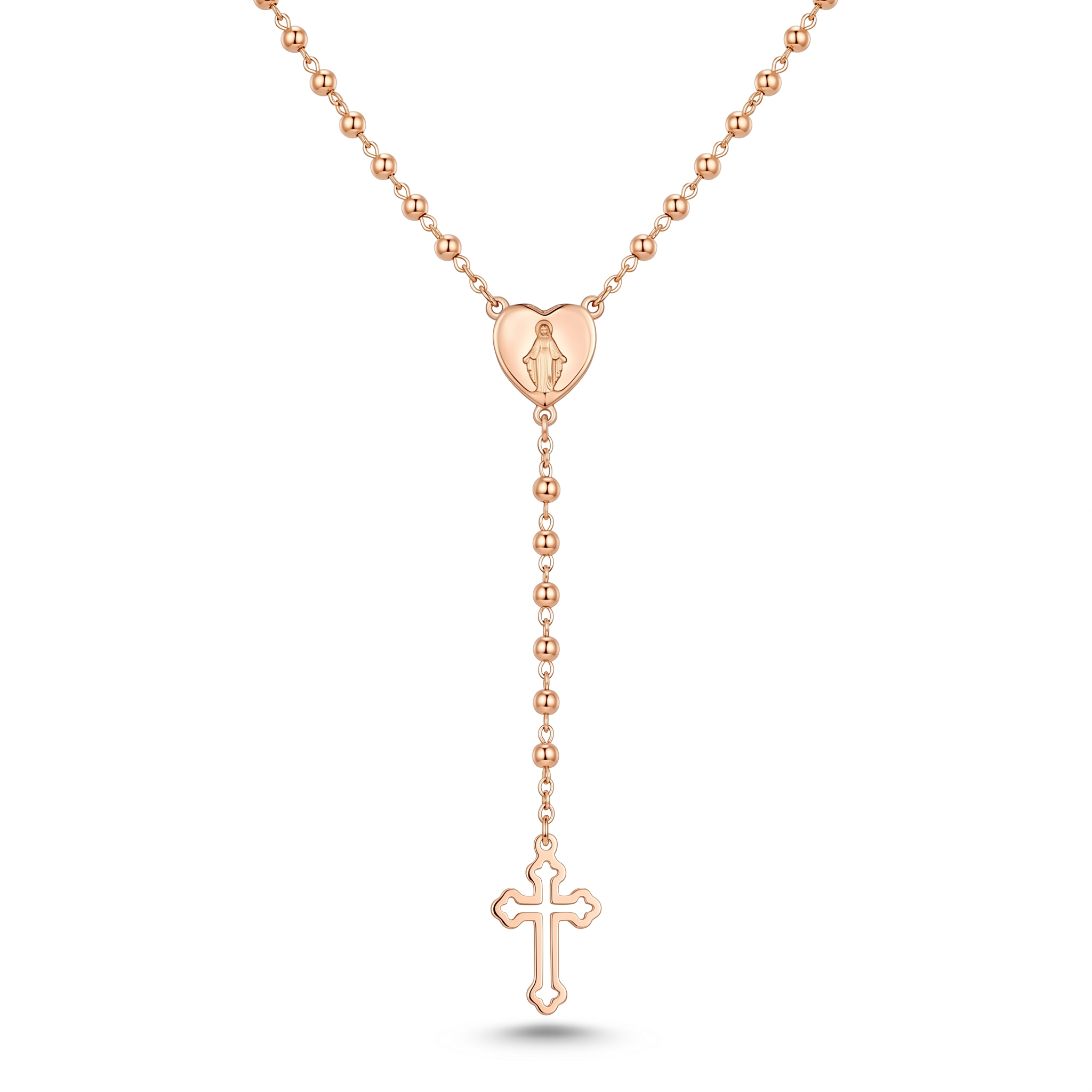 Collar Rosario Bohemio en Y con corazón de la Virgen y cruz cristiana calada – variante en oro rosa