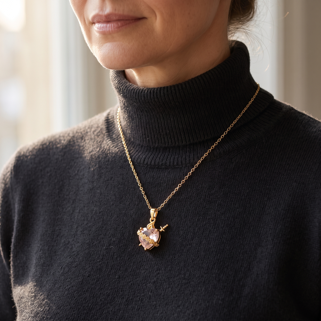 Collar del Inmaculado Corazón de María con cristal rosa en forma de corazón, espada dorada y rosas – sobre suéter oscuro, contraste elegante