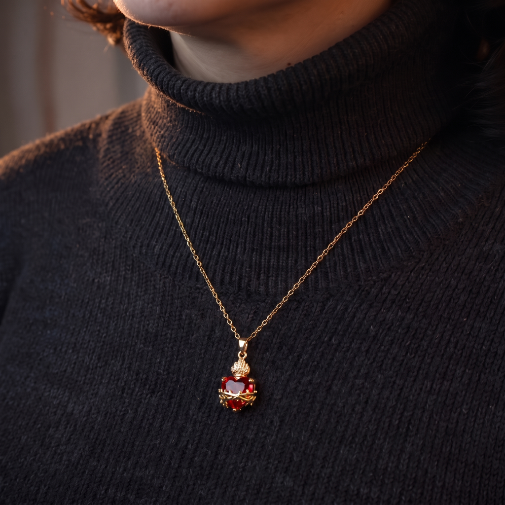 Collar Sagrado Corazón de Jesús con circonia roja, corazón de cristal rojo con corona de espinas, llama y cruz – sobre suéter oscuro