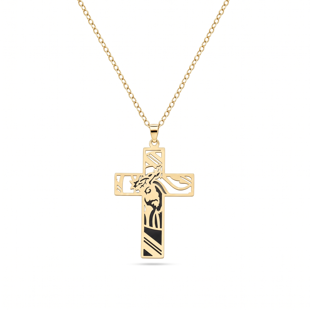 Collar de Cruz de acero inoxidable con corona de espinas y silueta de Jesús – variante en dorado