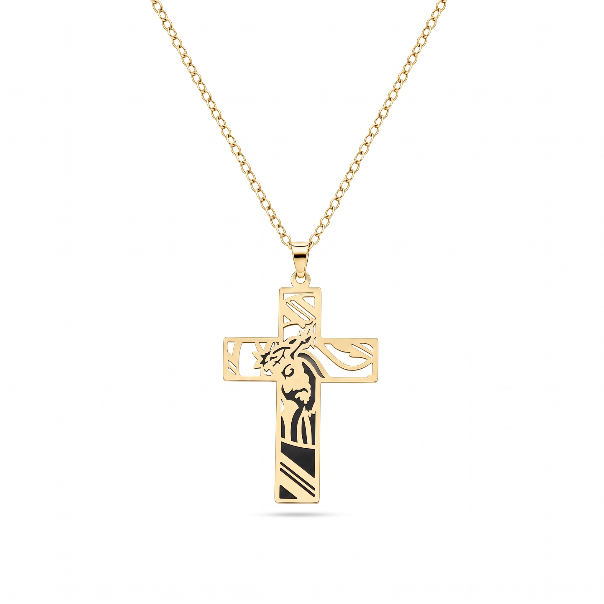 Collar de Cruz de acero inoxidable con corona de espinas y silueta de Jesús – variante en dorado