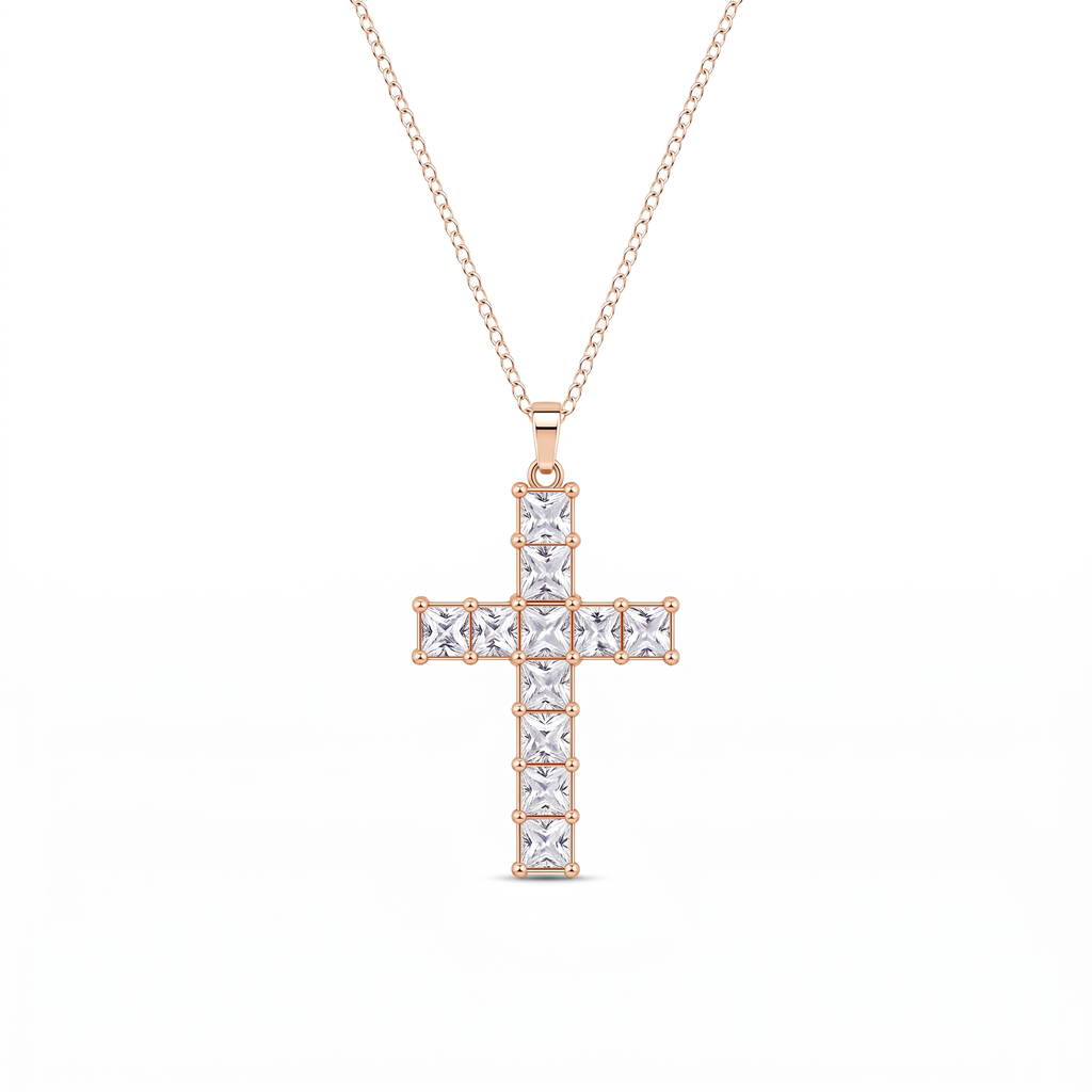 Collar Cruz de Cristal Multicolor con cristales talla princesa – variante Oro Blanco
