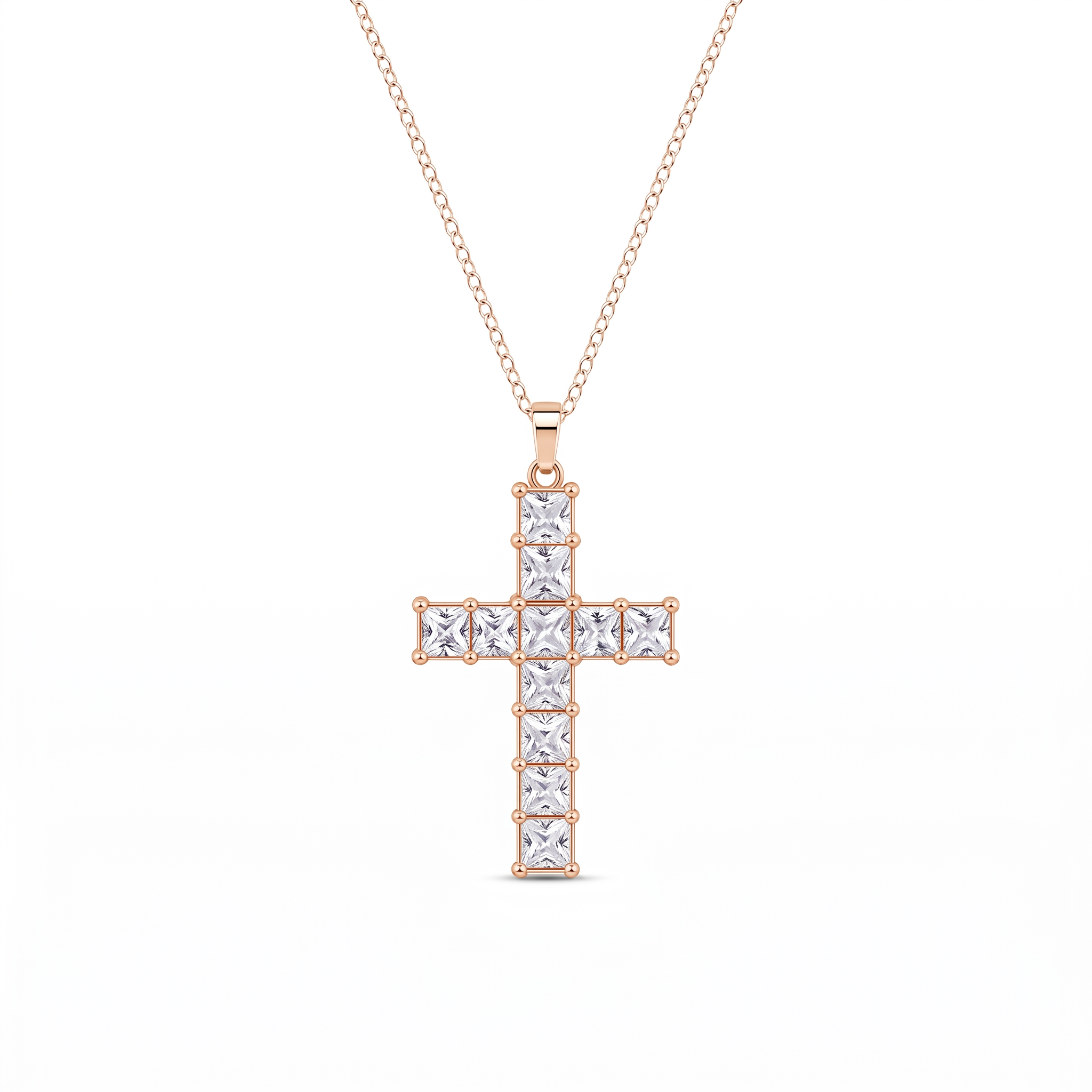 Collar Cruz de Cristal Multicolor con cristales talla princesa – variante Oro Blanco