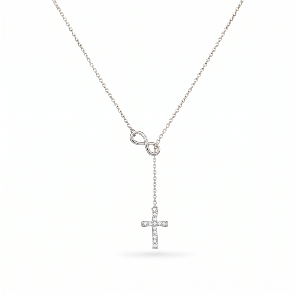 Collar Cruz e Infinito Fe Eterna, cruz con circonias estilo lariat – variante en plata