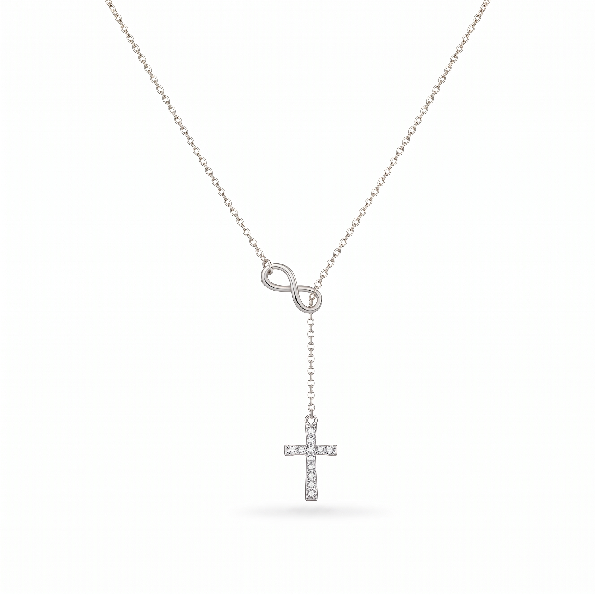 Collar Cruz e Infinito Fe Eterna, cruz con circonias estilo lariat – variante en plata