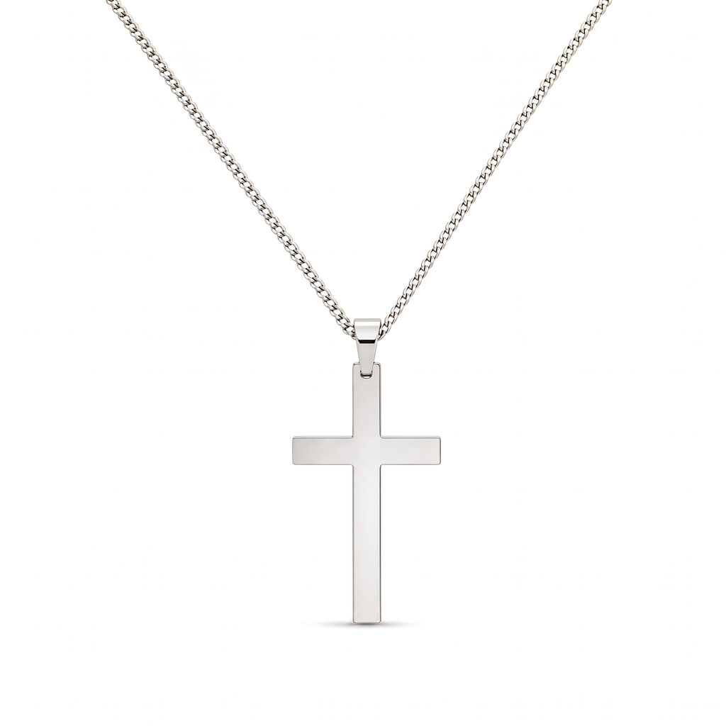Collar de Cruz lisa de Fe y Protección en cadena cubana – variante en plata