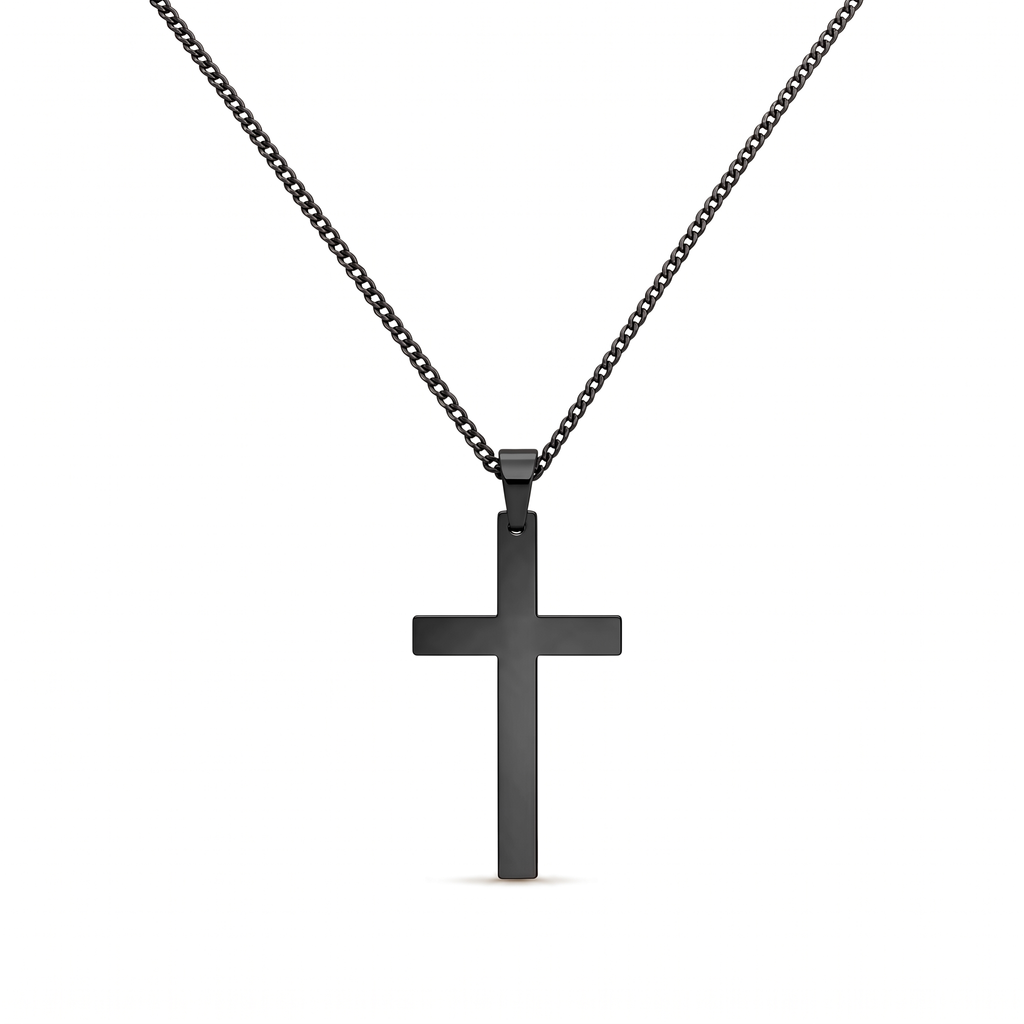 Collar de Cruz lisa de Fe y Protección en cadena cubana – variante en negro