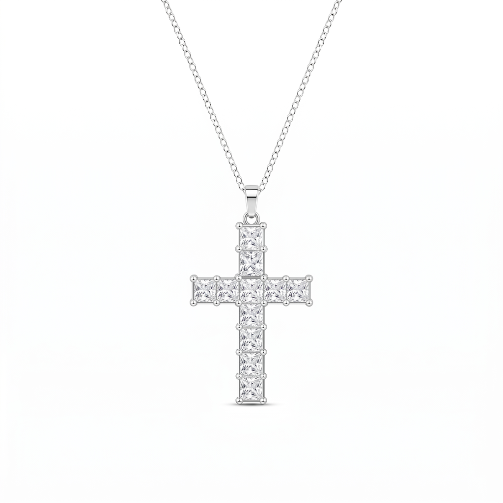 Collar Cruz de Cristal Multicolor con cristales talla princesa – variante Plata Blanca