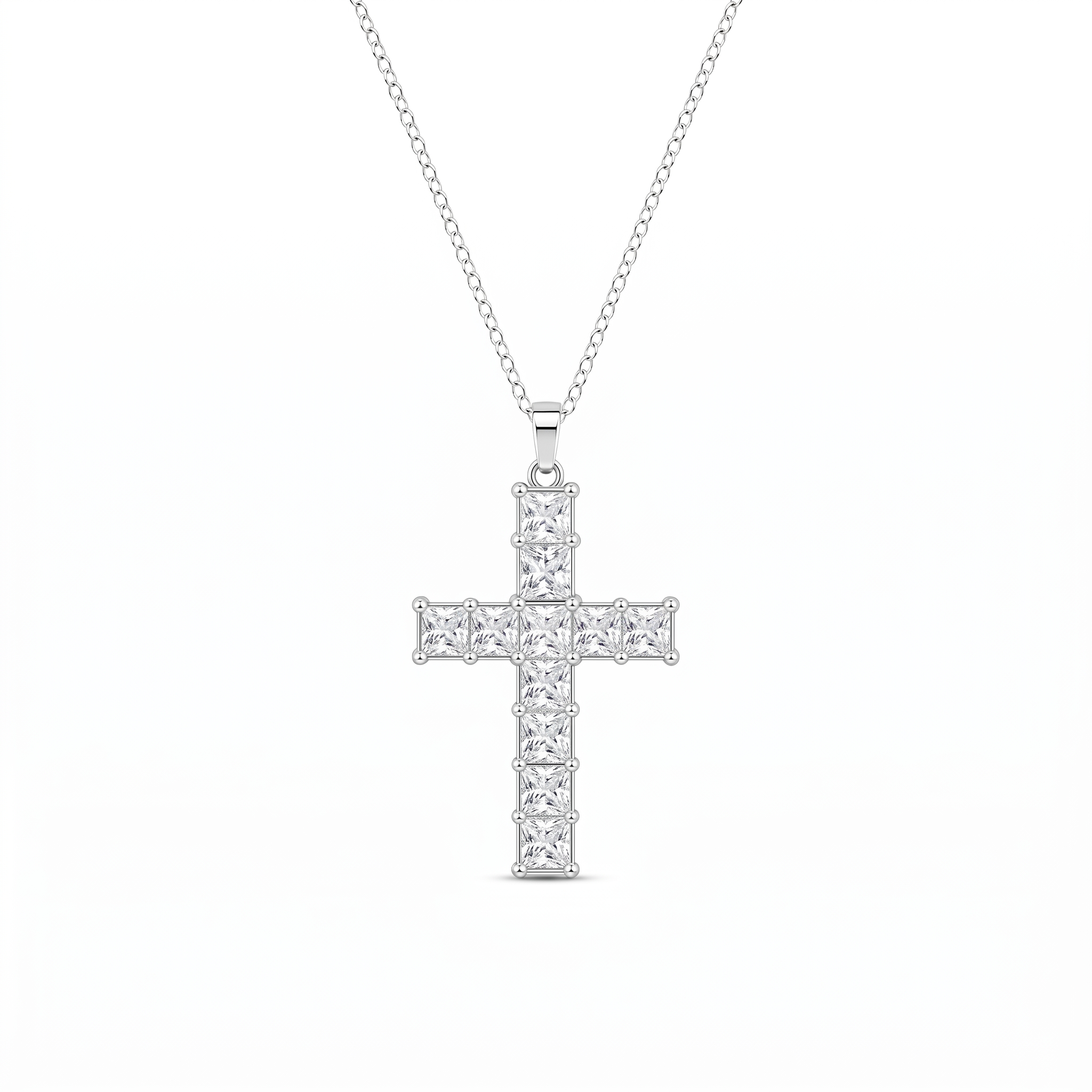 Collar Cruz de Cristal Multicolor con cristales talla princesa – variante Plata Blanca