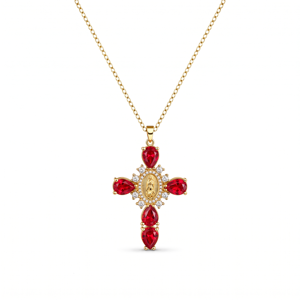 Collar Cruz de la Virgen de Guadalupe con circonias, cruz de cristales gota con medalla mariana – variante en rojo