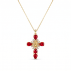 Collar Cruz de la Virgen de Guadalupe con circonias, cruz de cristales gota con medalla mariana – variante en rojo