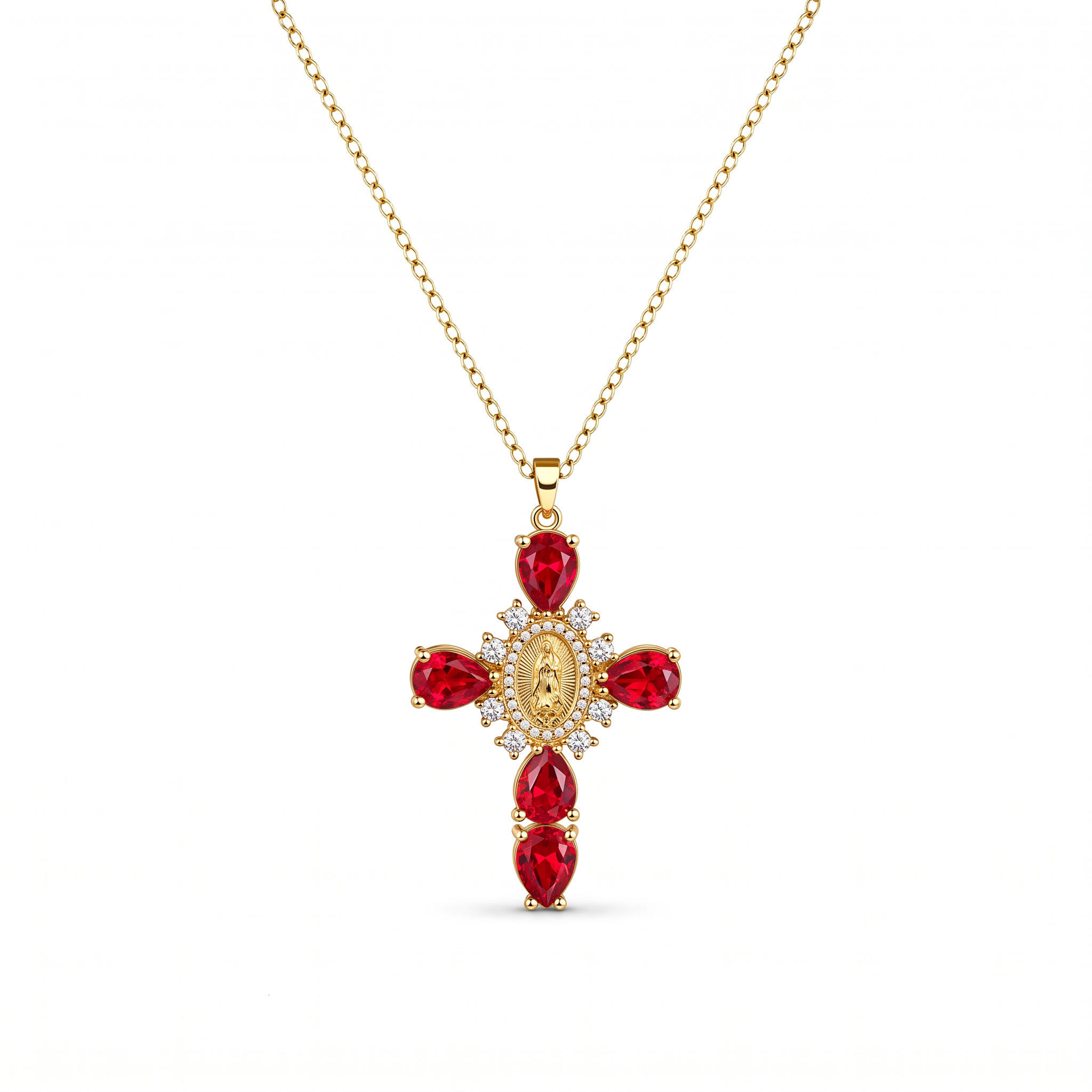 Collar Cruz de la Virgen de Guadalupe con circonias, cruz de cristales gota con medalla mariana – variante en rojo