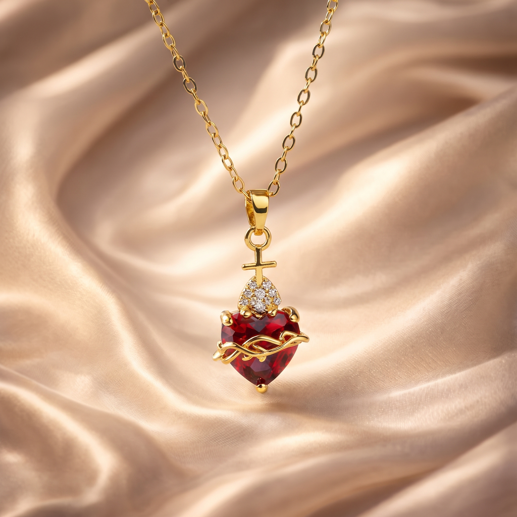 Collar del Sagrado Corazón de Jesús con cristal rojo en forma de corazón, cruz dorada y circonitas – colgante y cadena sobre satén champán