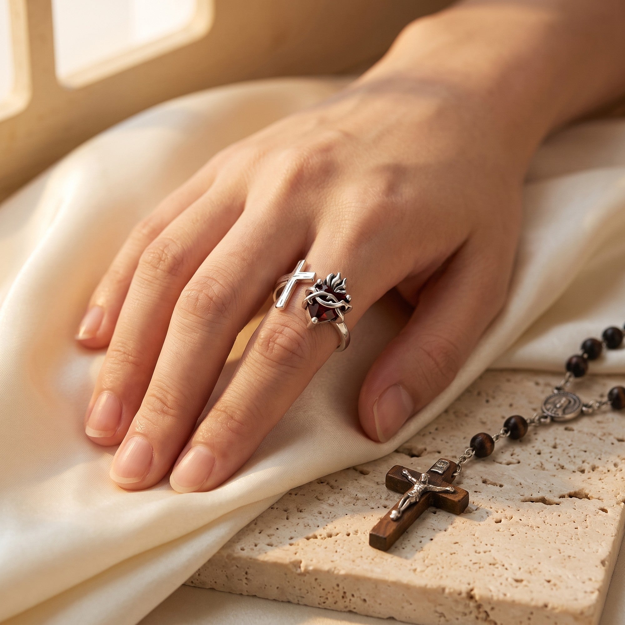 Anillo devocional del Sagrado Corazón de Jesús, ambiente de fe en tonos cálidos